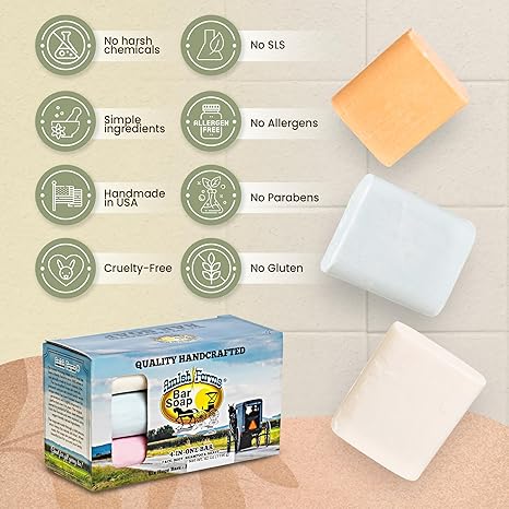 Amish Farms Bar Soap w/All Natural Bentonite Clay (6 Bars) Made in USA